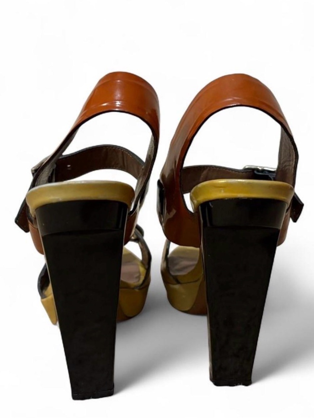 Marni Brown Yellow Ochre Black Patent Leather Platform Heels Buckles Sz 36/US 6 - Picture 7 of 11